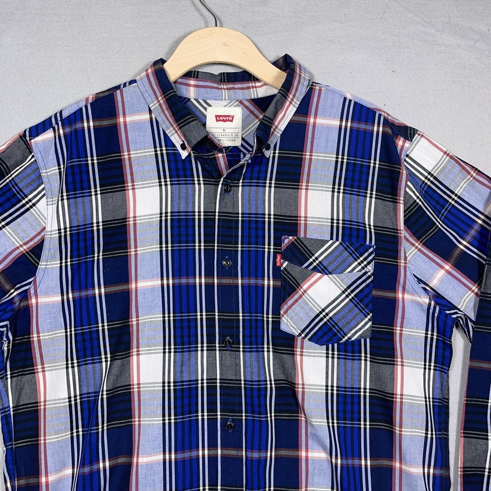 Levis Plaid Button Down Shirt Teen XL Regular Fit Blue White Red Casual Western - Picture 2 of 11